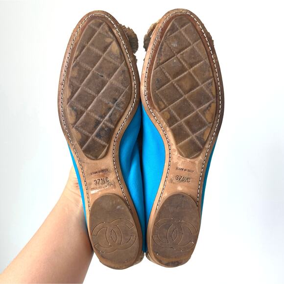 CHANEL Camellia Turquoise Leather Cork Cap Toe CC Logo Ballet Flats IT 37.5 C - Picture 10 of 16